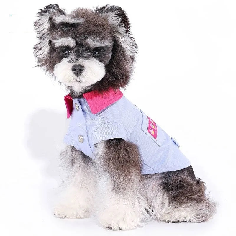 Blue and purple polyester vest for small dogs with rope rings on chest and back