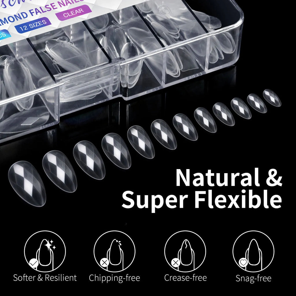 Long shaping false nail tips with 3D diamond pattern in multiple colour options.