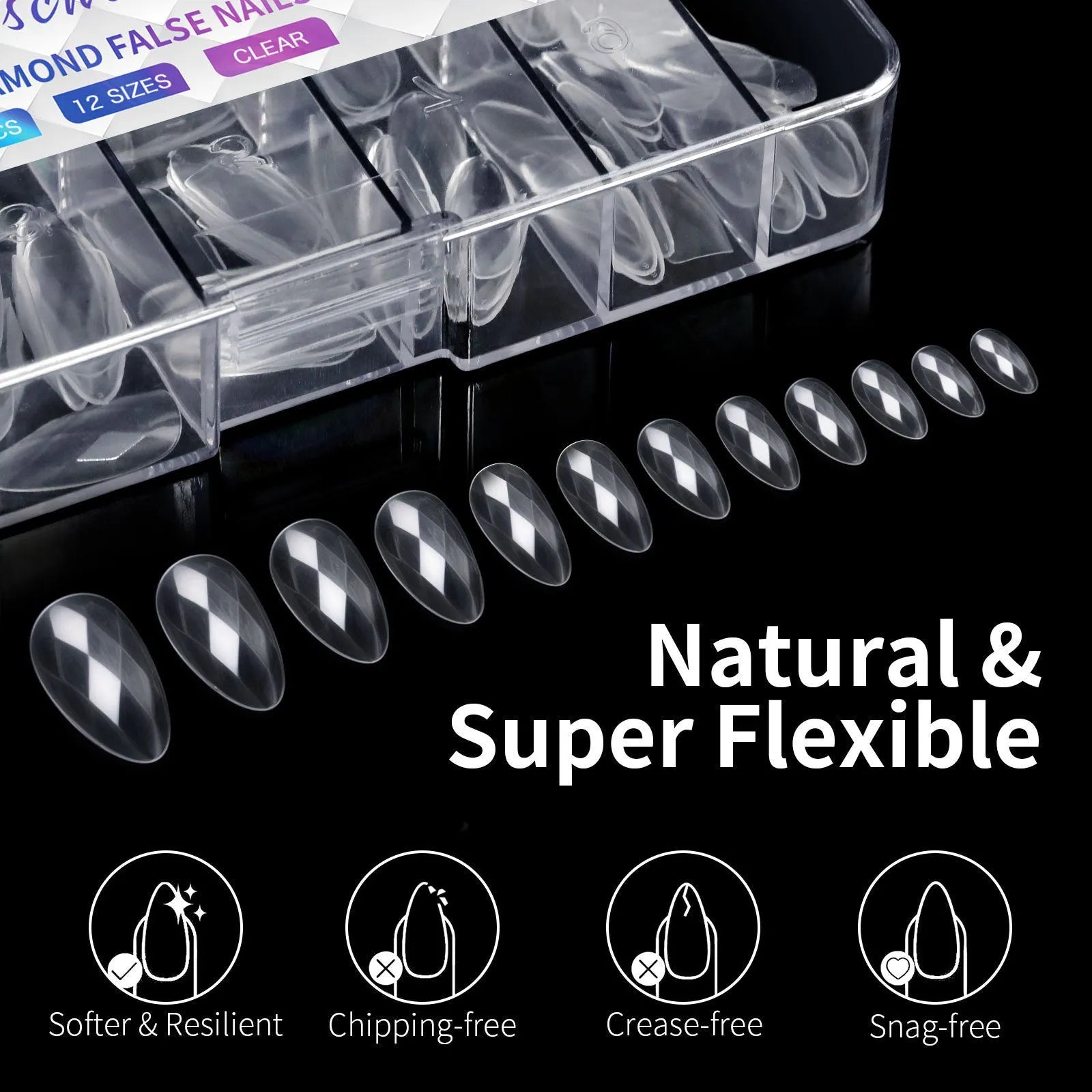 Long shaping false nail tips with 3D diamond pattern in multiple colour options.