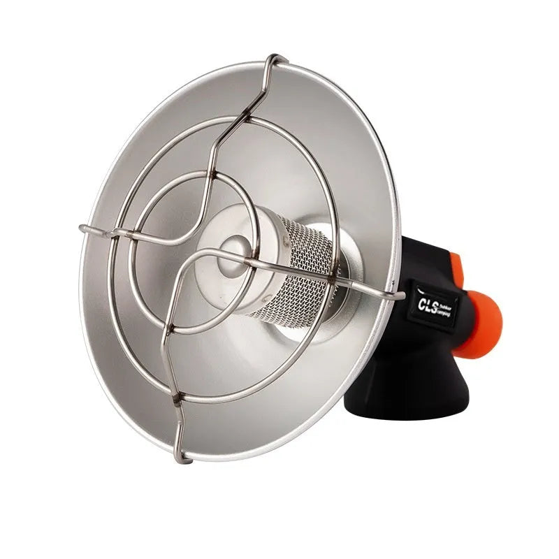Portable outdoor heating stove with black and orange design showing automatic press ignition