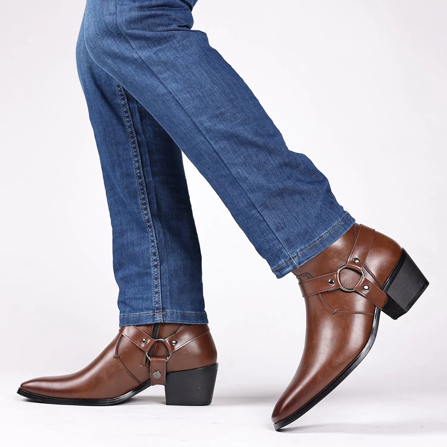 Black unisex mid-calf chain boots with side zipper, rivet details, and a square toe.