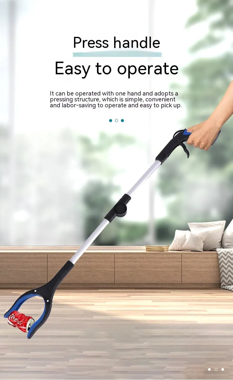 Foldable aluminium rubbish clamp with magnetic grabber head, shown extended and folded.