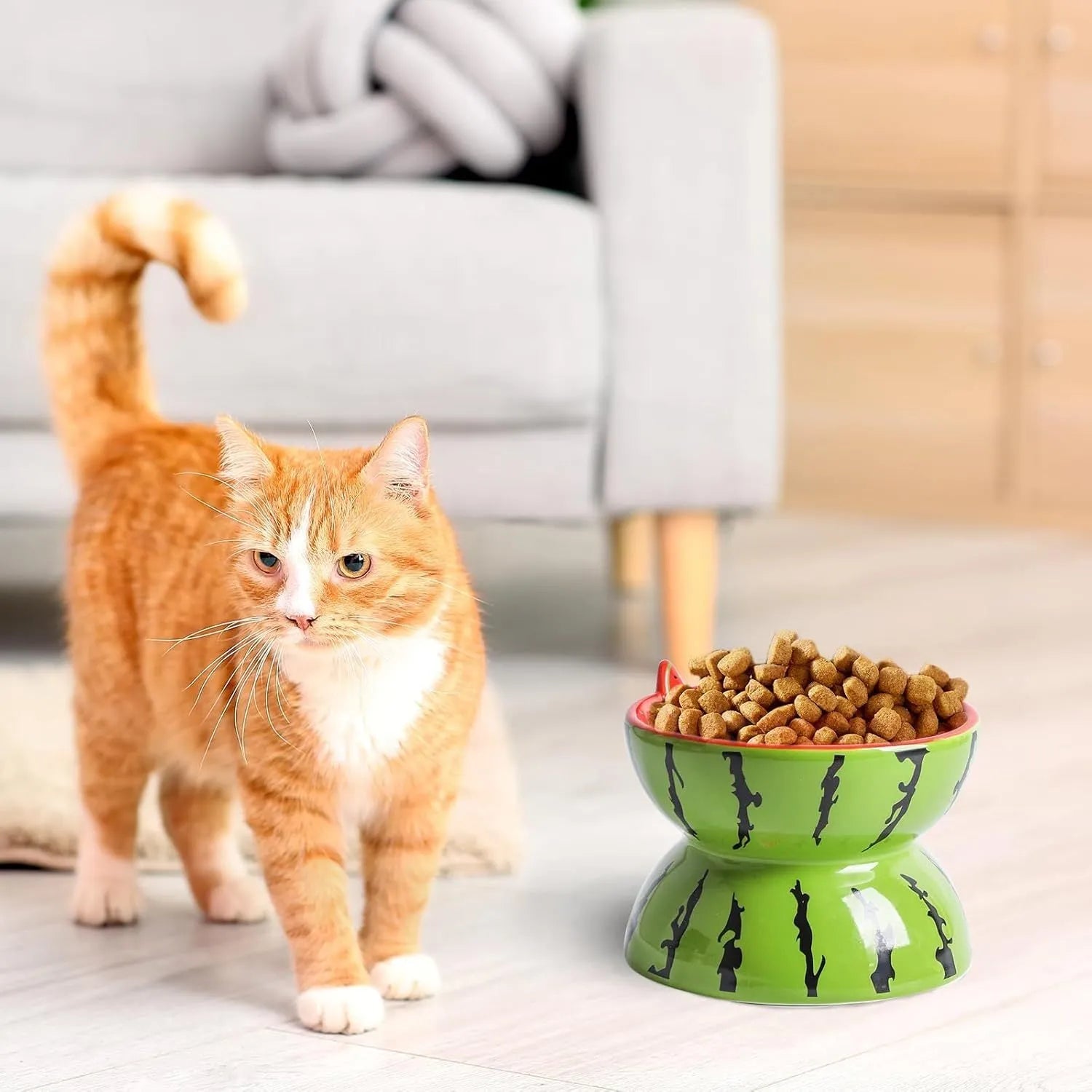 White ceramic raised cat bowl with tilted wide dish and decorative pattern, shown on a table.