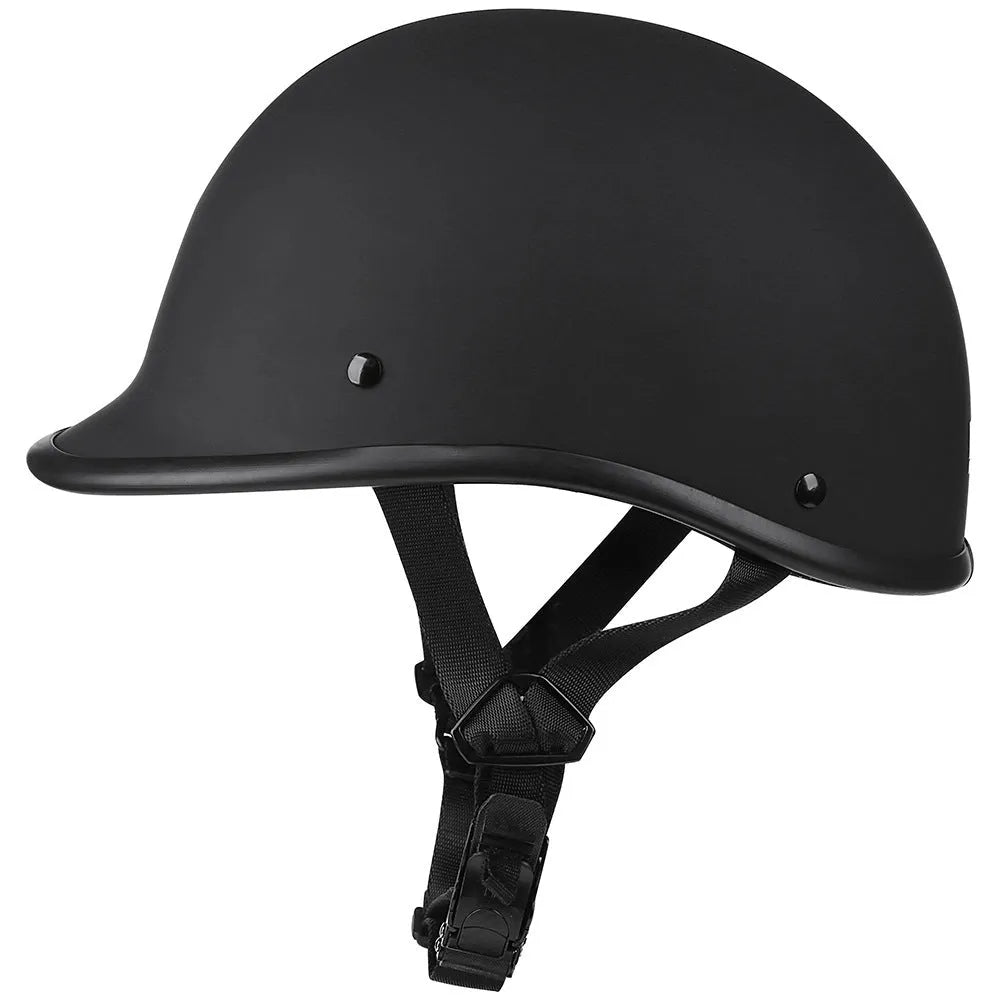Retro-style motorcycle helmet in ABS plastic shown in matte black finish, suitable for unisex riders.