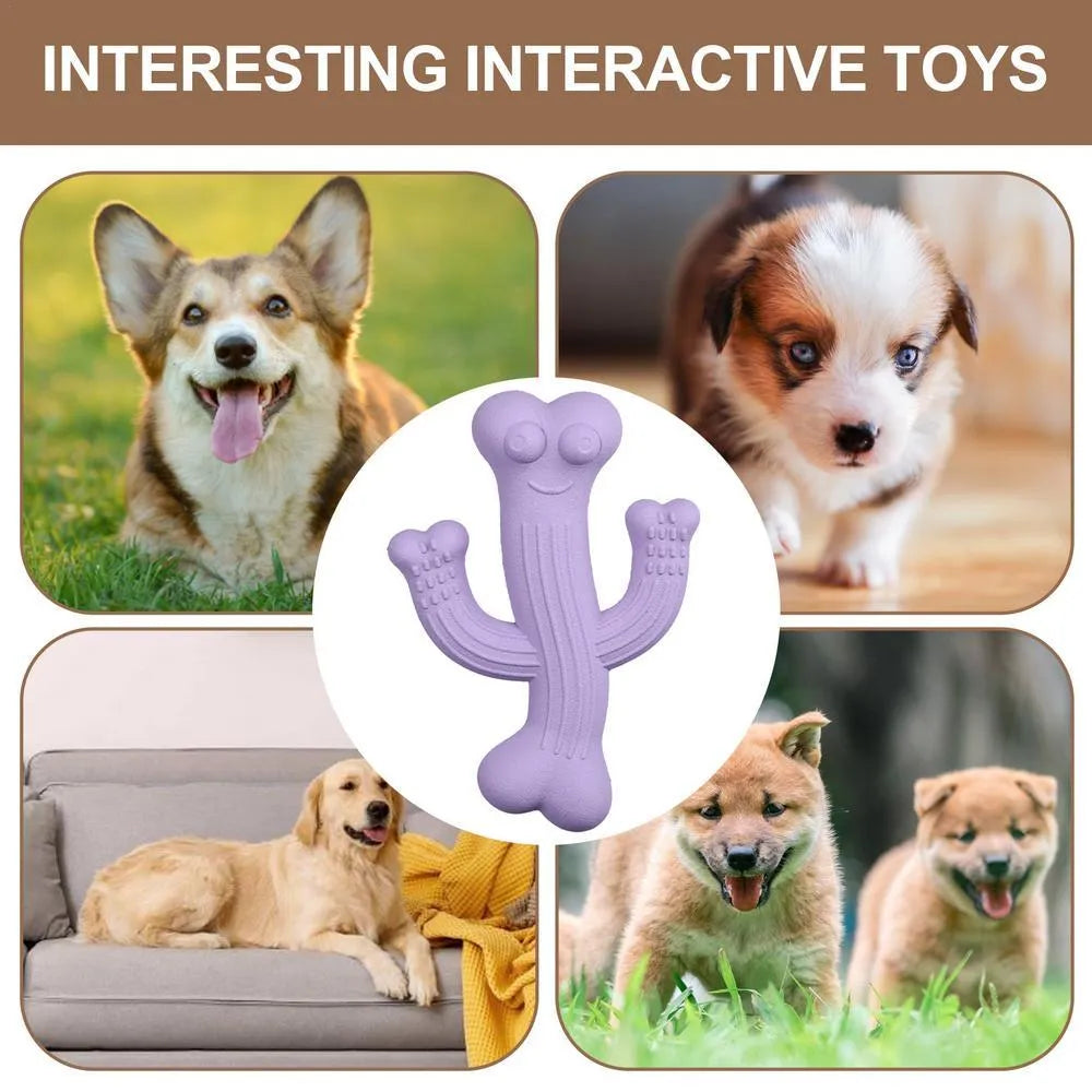 Cactus-shaped dog chew toy in beige, blue, or purple, made from bamboo fibre and rubber.