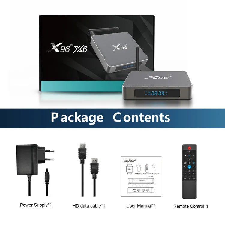 Android Smart Voice Set-top Box with remote control, HDMI cable, and power adapter.