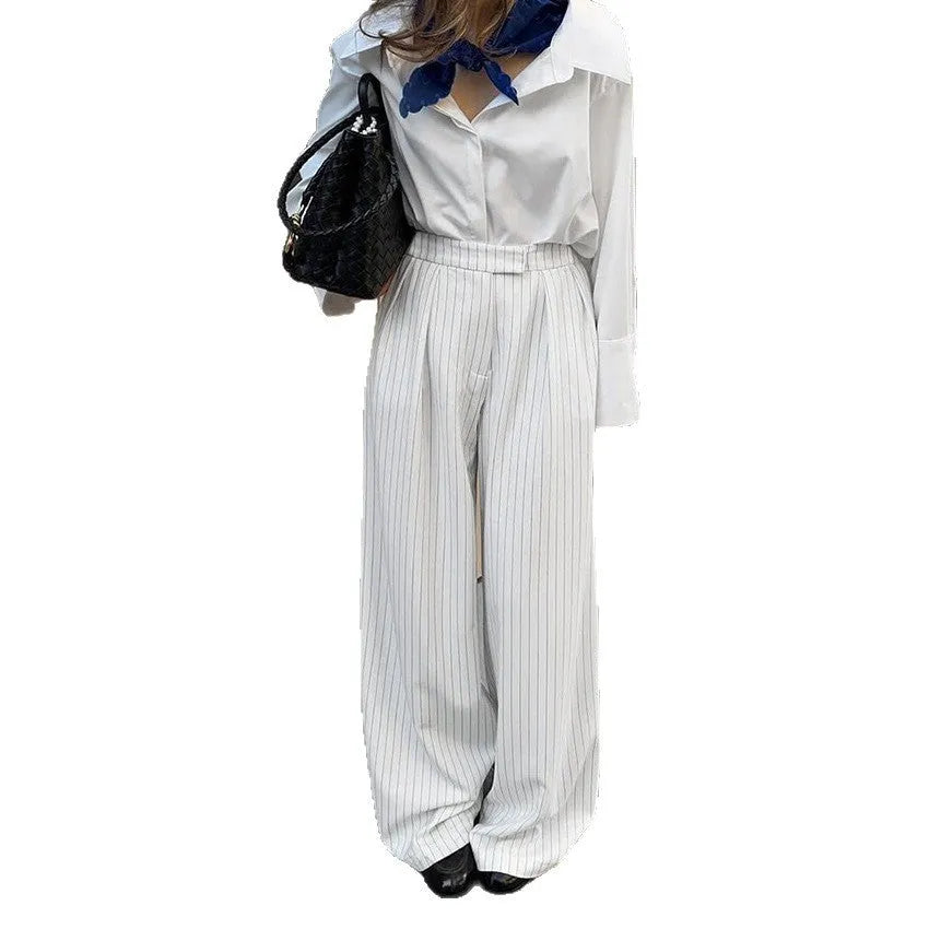 White striped wide-leg polyester pants with zipper, loose fit for commuting