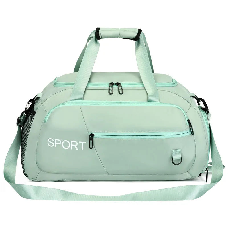 Waterproof gym backpack with separate shoes compartment and multiple pockets in light green colour