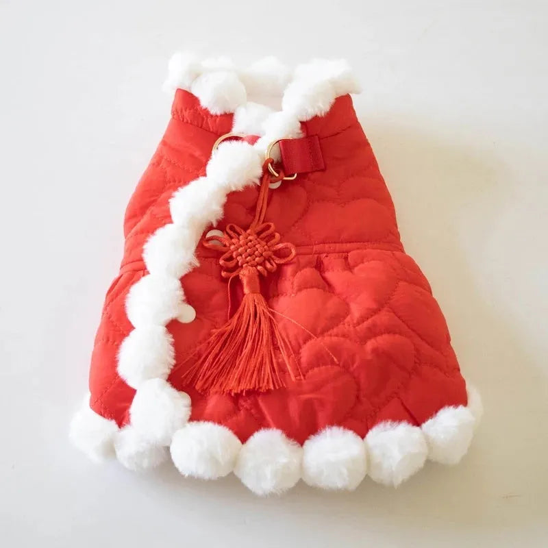 Red Chinese-style pet clothing with fur collar and traditional knot decoration for winter wear