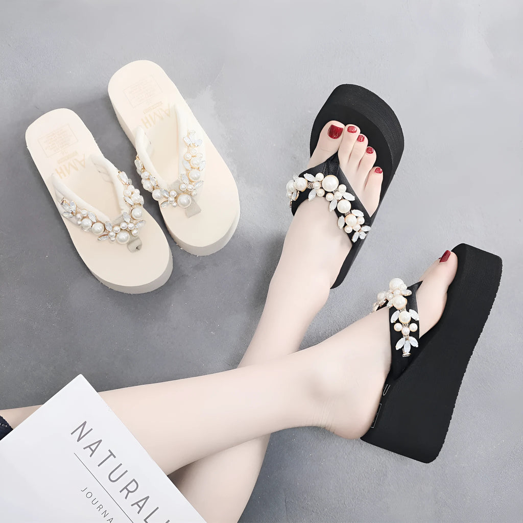 Women's high-heeled flip-flops in beige and black with a cotton cloth upper, shown in various sizes.