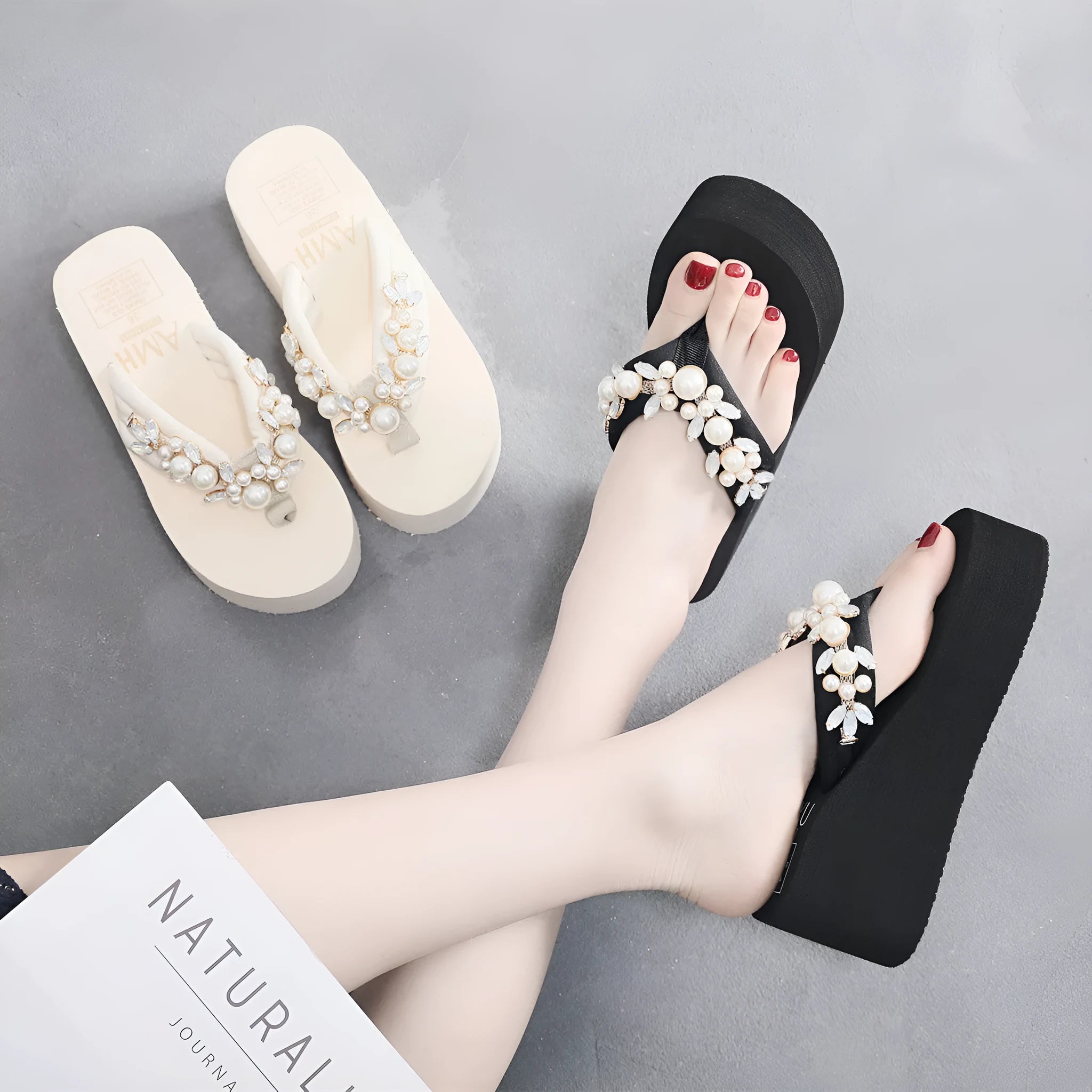 Women's high-heeled flip-flops in beige and black with a cotton cloth upper, shown in various sizes.