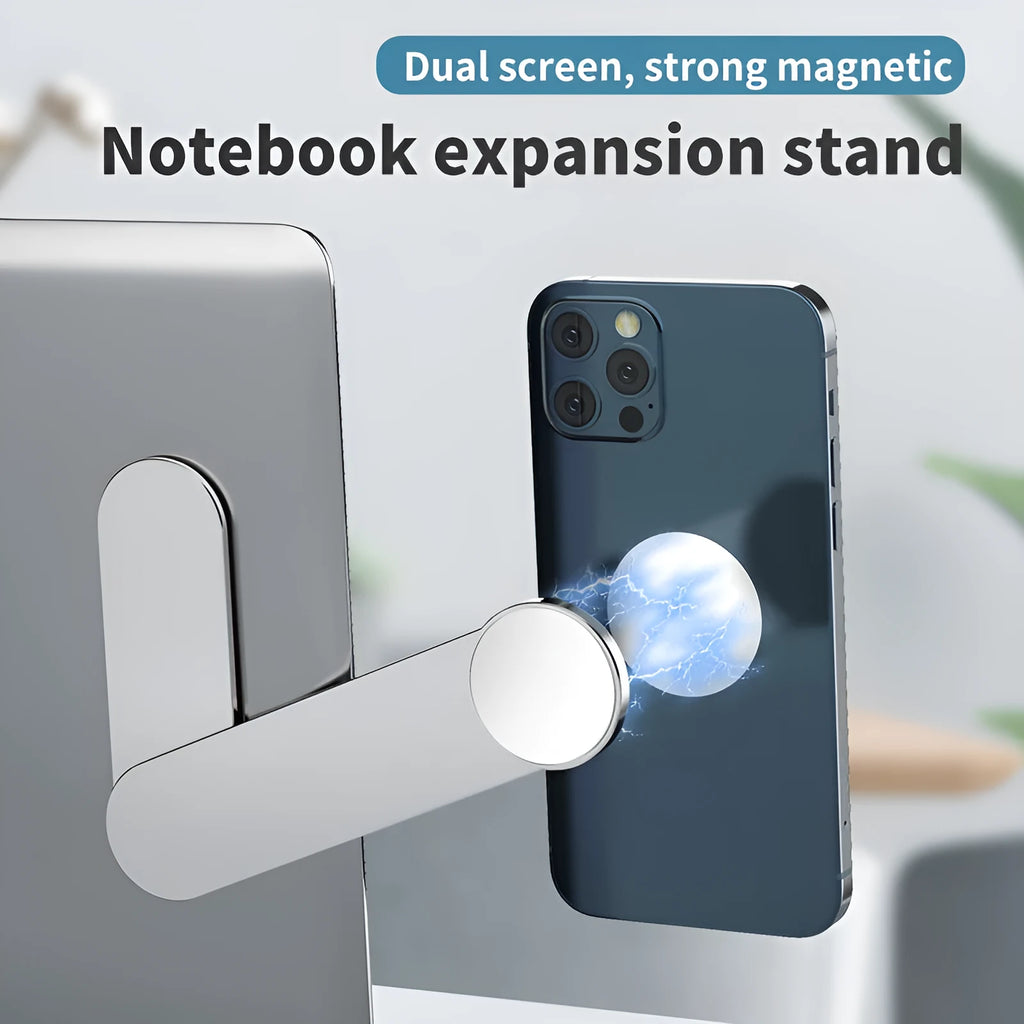 Silver aluminium alloy dual screen extension bracket with magnetic mobile phone holder on a desk.