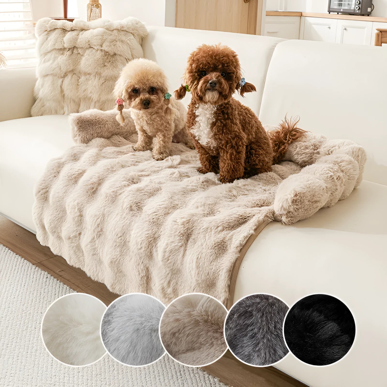Thick thermal non-slip dog mat in plush material, 75x75cm, beige colour option on floor