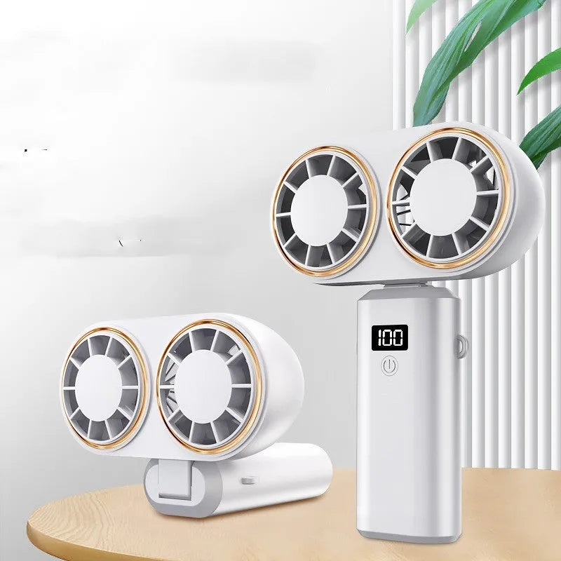 Folding USB handheld mini fan with digital display screen in milky white