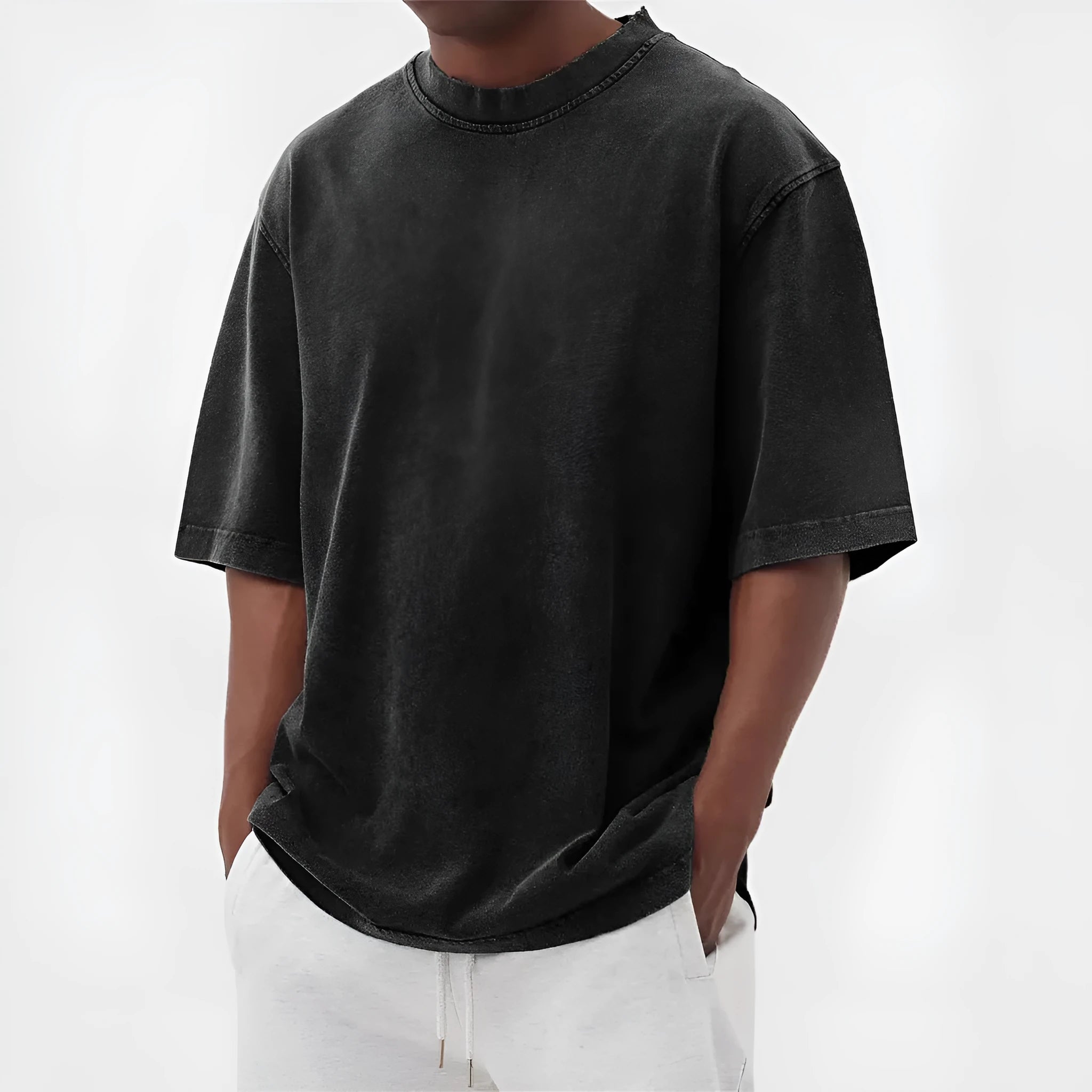 Men's loose fit distressed polyester t-shirt in stone washed solid colours