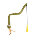 Green cat teasing stick with long pole and four feather toy attachments for interactive play.