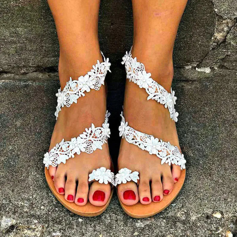 White rhinestone floral plus-size womens flat sandals with round toe and slip-on design