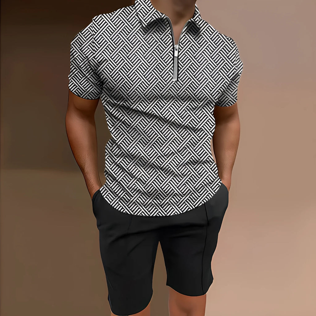 Men's casual printed polyester two-piece set showing short sleeve top and matching shorts