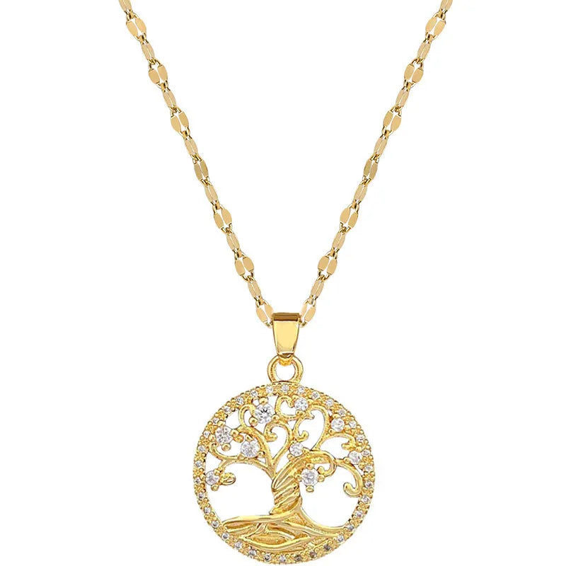 Gold-plated rhinestone and zircon cross necklace with a white mother-of-pearl pendant on a stainless steel chain.