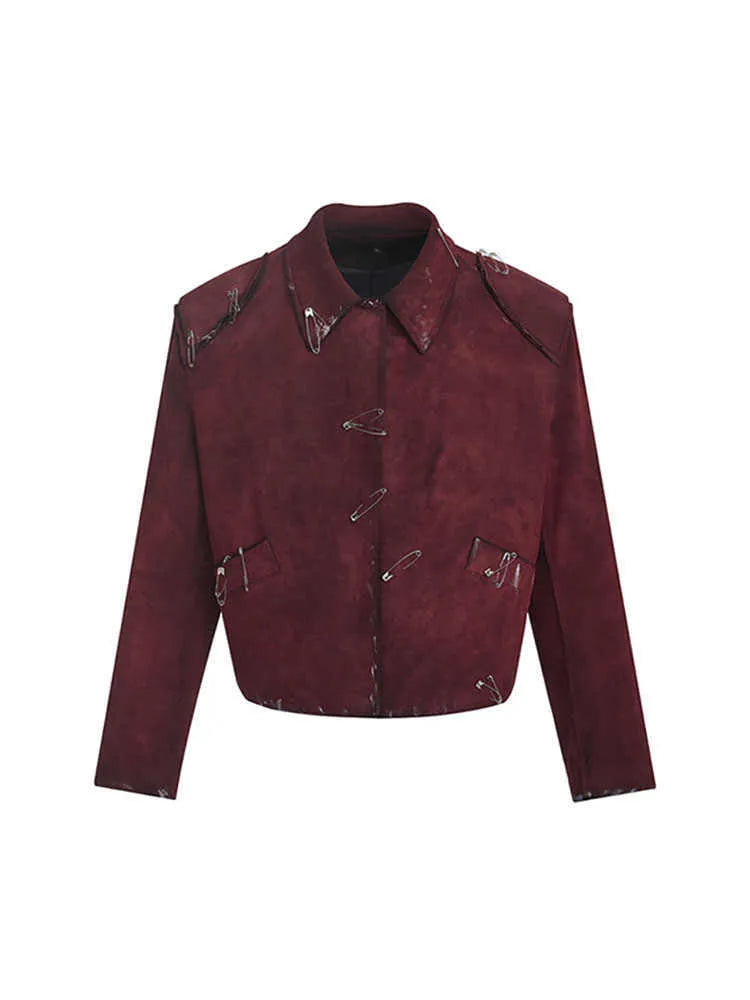 Men's red quilted jacket with decorative flocking pins and lapel collar in loose fit