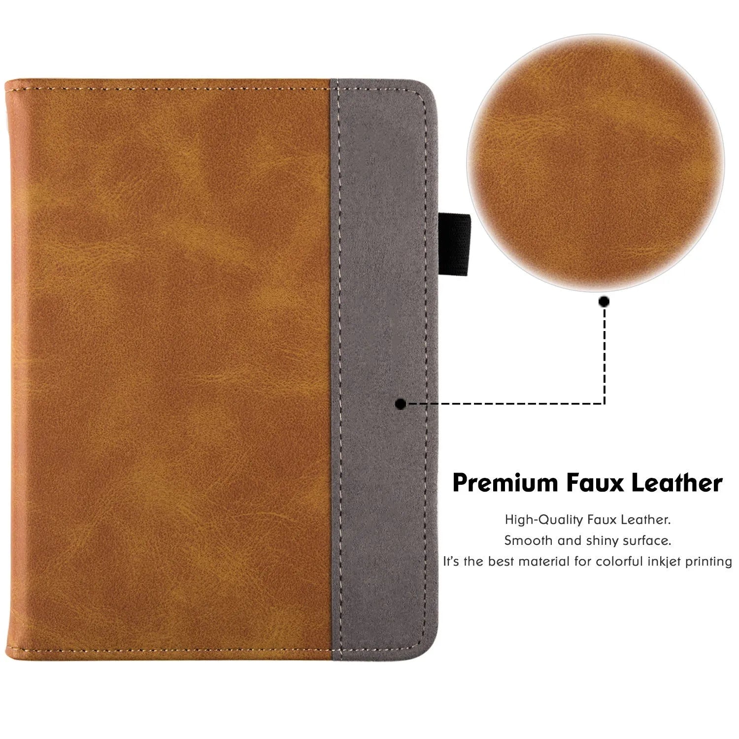 Brown calf leather case with built-in wrist splint stand for a Kindle Paperwhite 5 e-reader.