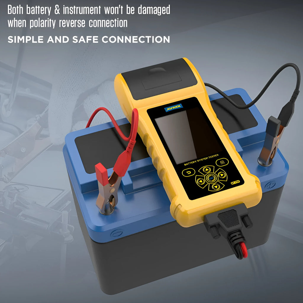 Autool BT760 digital vehicle battery tester with colour screen and battery clips.