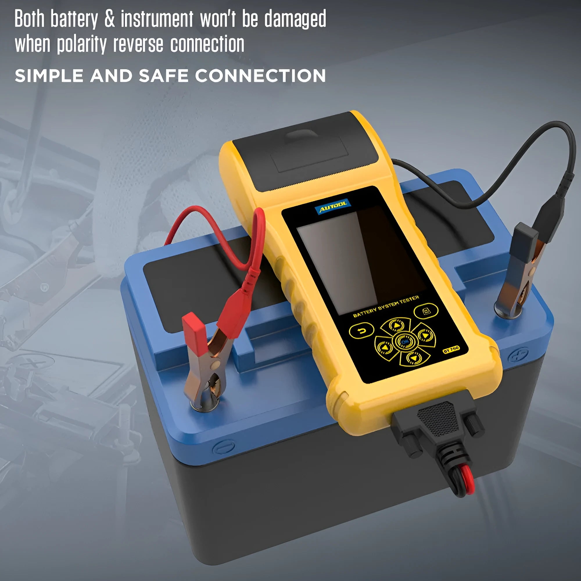 Autool BT760 digital vehicle battery tester with colour screen and battery clips.