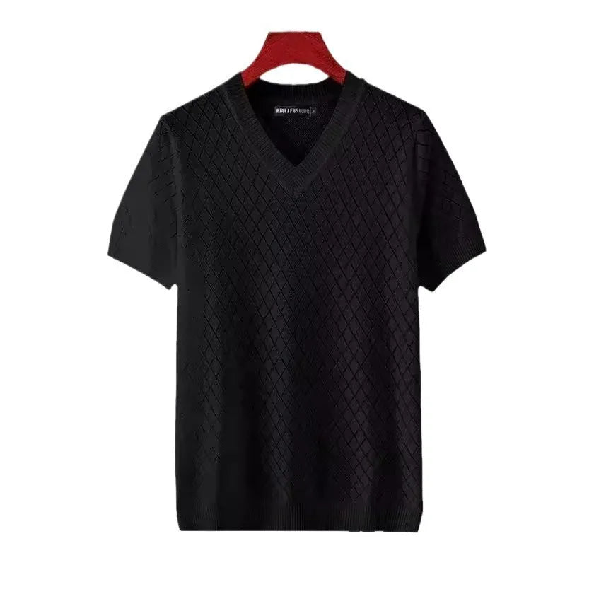 Men's ice silk t-shirt with cut-out detail in black and white colour options showing V-neck and round neck styles