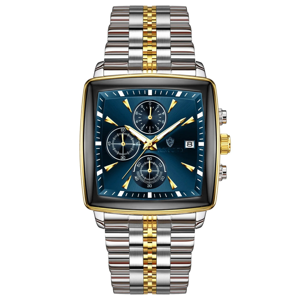 Men's rectangular dial quartz watch with stainless steel case and luminous waterproof features