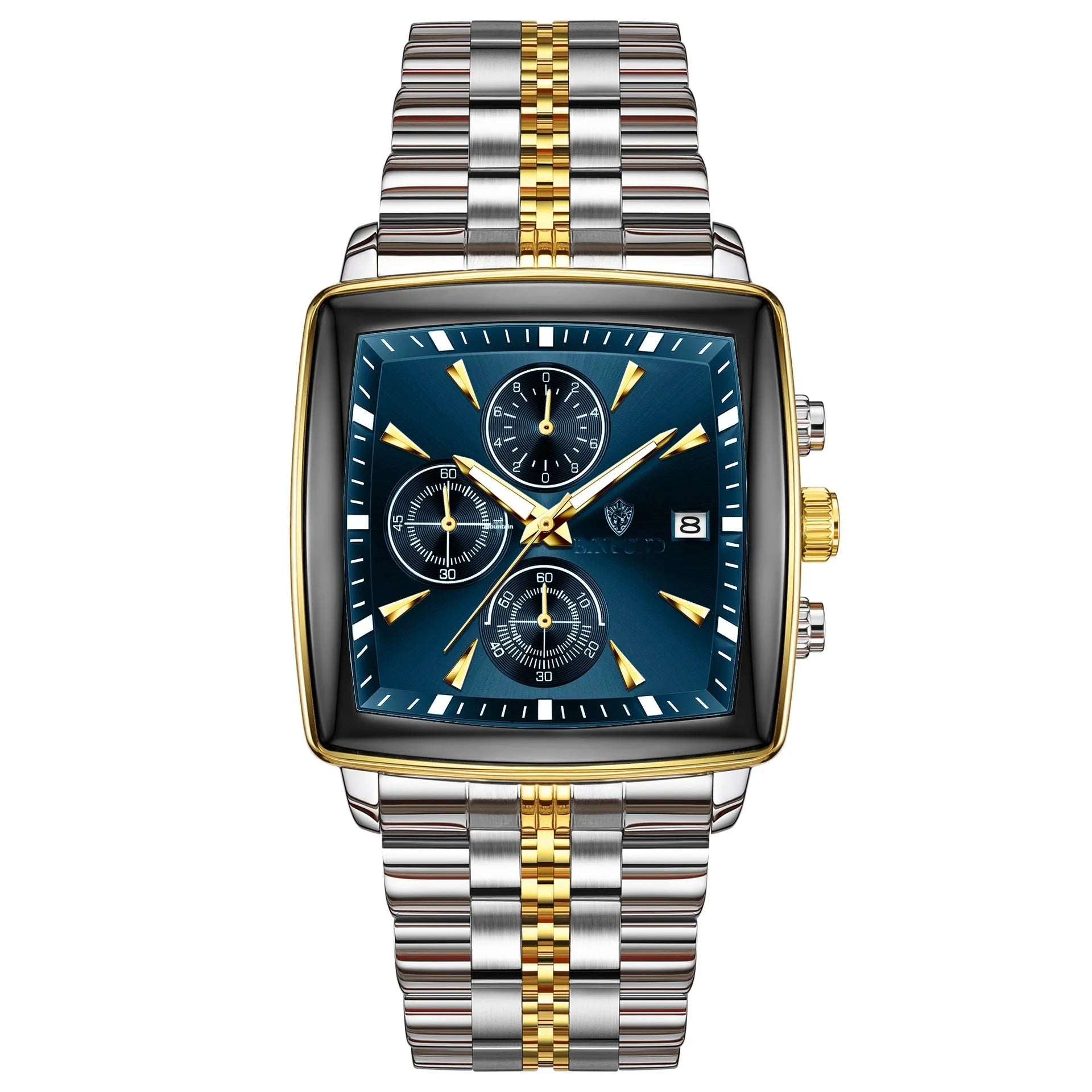 Men's rectangular dial quartz watch with stainless steel case and luminous waterproof features
