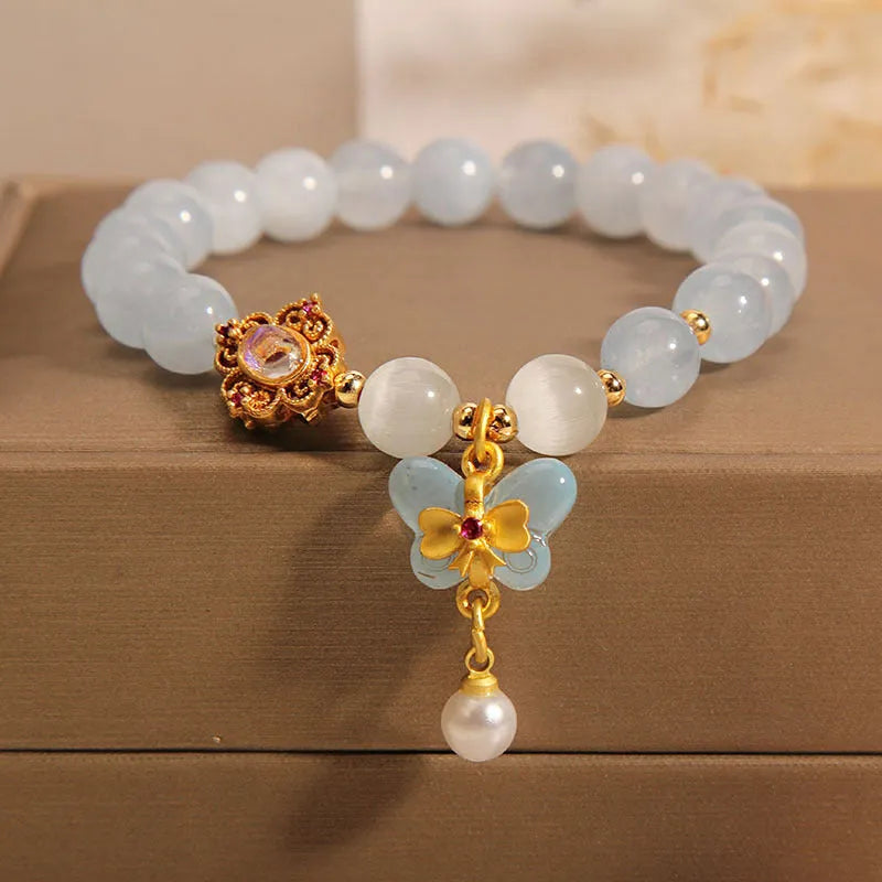 Women's aquamarine butterfly pendant bracelet with crystal rhinestones