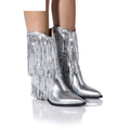 Women's brown chunky heel ankle boots with tassel detail and a high stiletto heel on a white background.