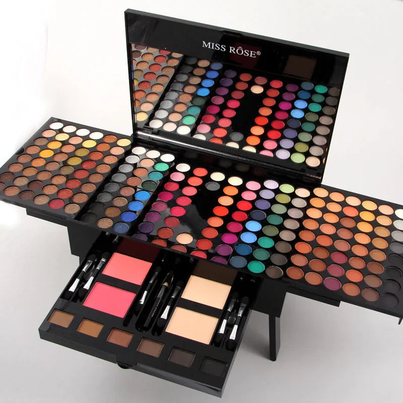 Piano-shaped makeup palette box showing 190 colour pans including eyeshadows, blush and contour powders