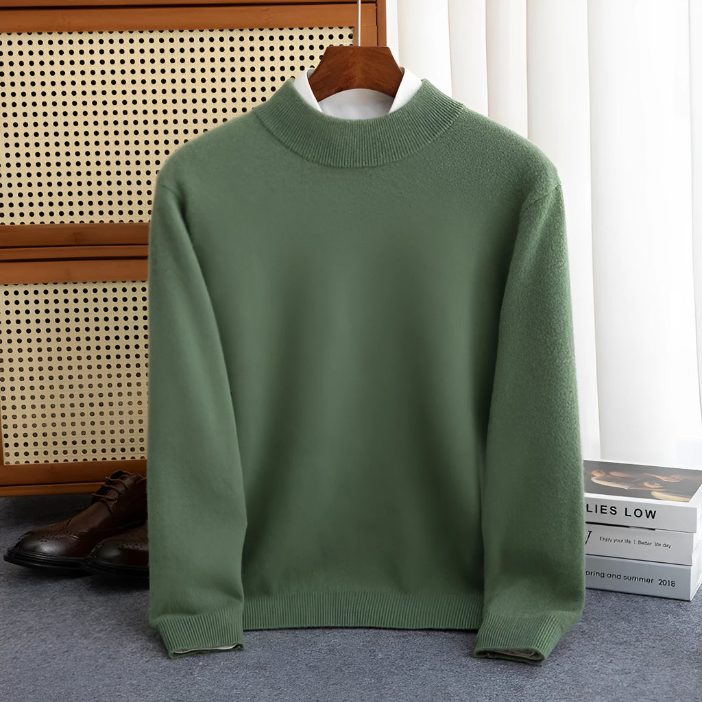 Men's loose fit half-collar sweater in chunky wool knit, shown in camel colour.