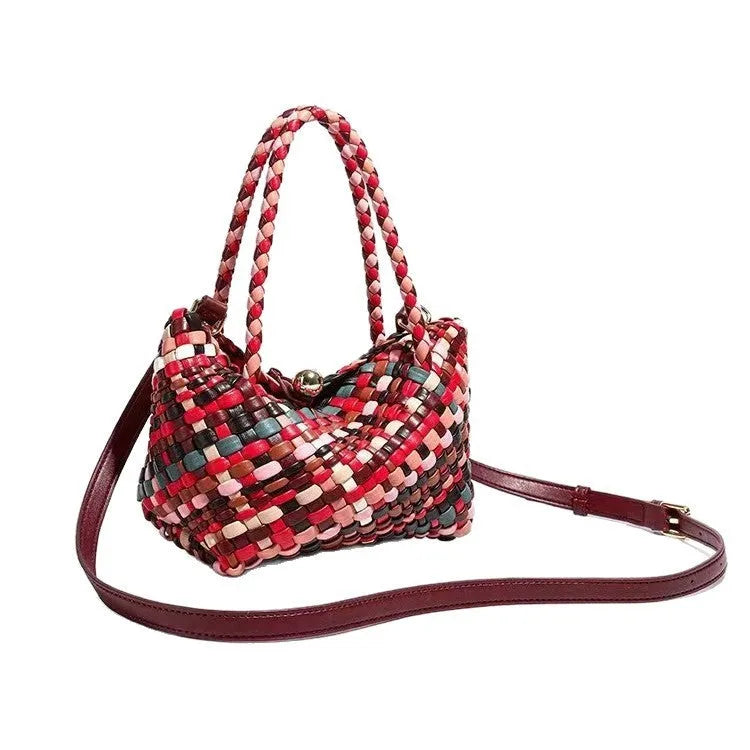Women's woven shoulder bag in PU material with textured pattern, showing 18cm length by 11cm width by 14cm height dimensions.