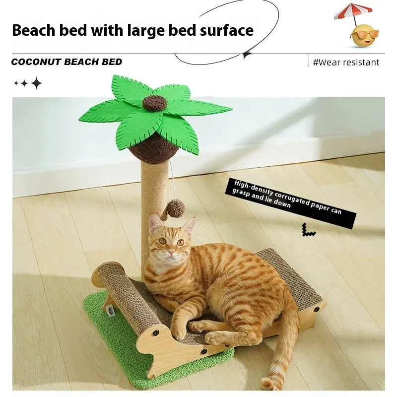 Wooden beach chair shaped cat climbing frame with integrated scratch mat and raised cat nest.