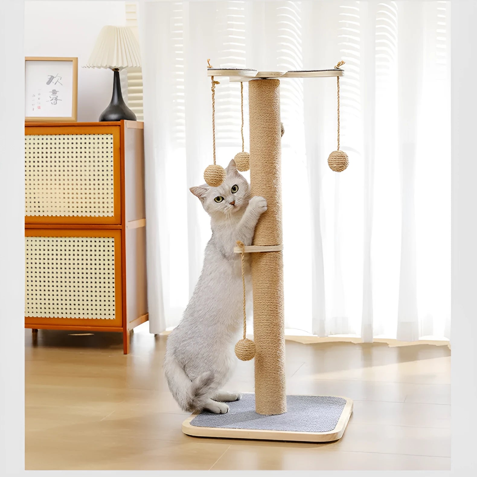 Windmill-themed cat climbing frame toy made from pine wood with a carpet leather scratch surface and a hanging ball.