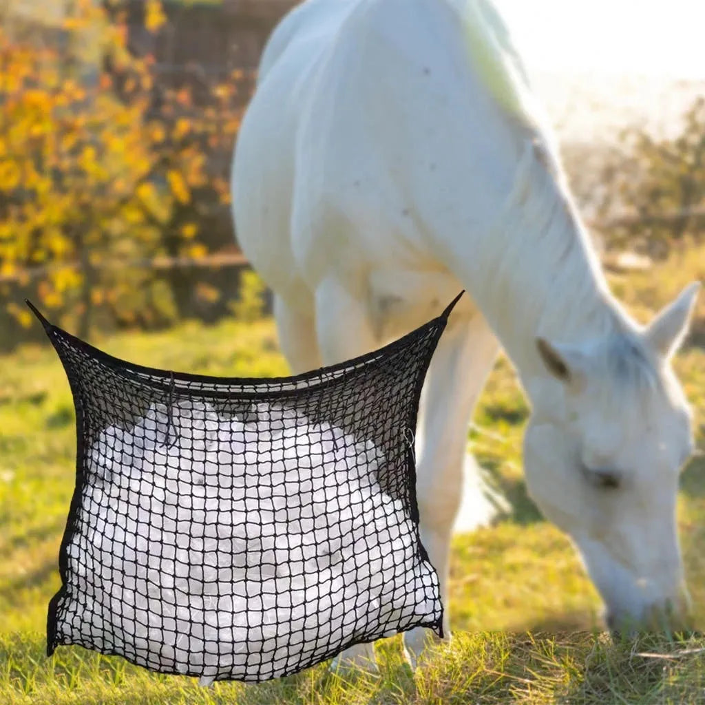 Woven grid hanging feeding bag for horses and cattle in black or white colour options