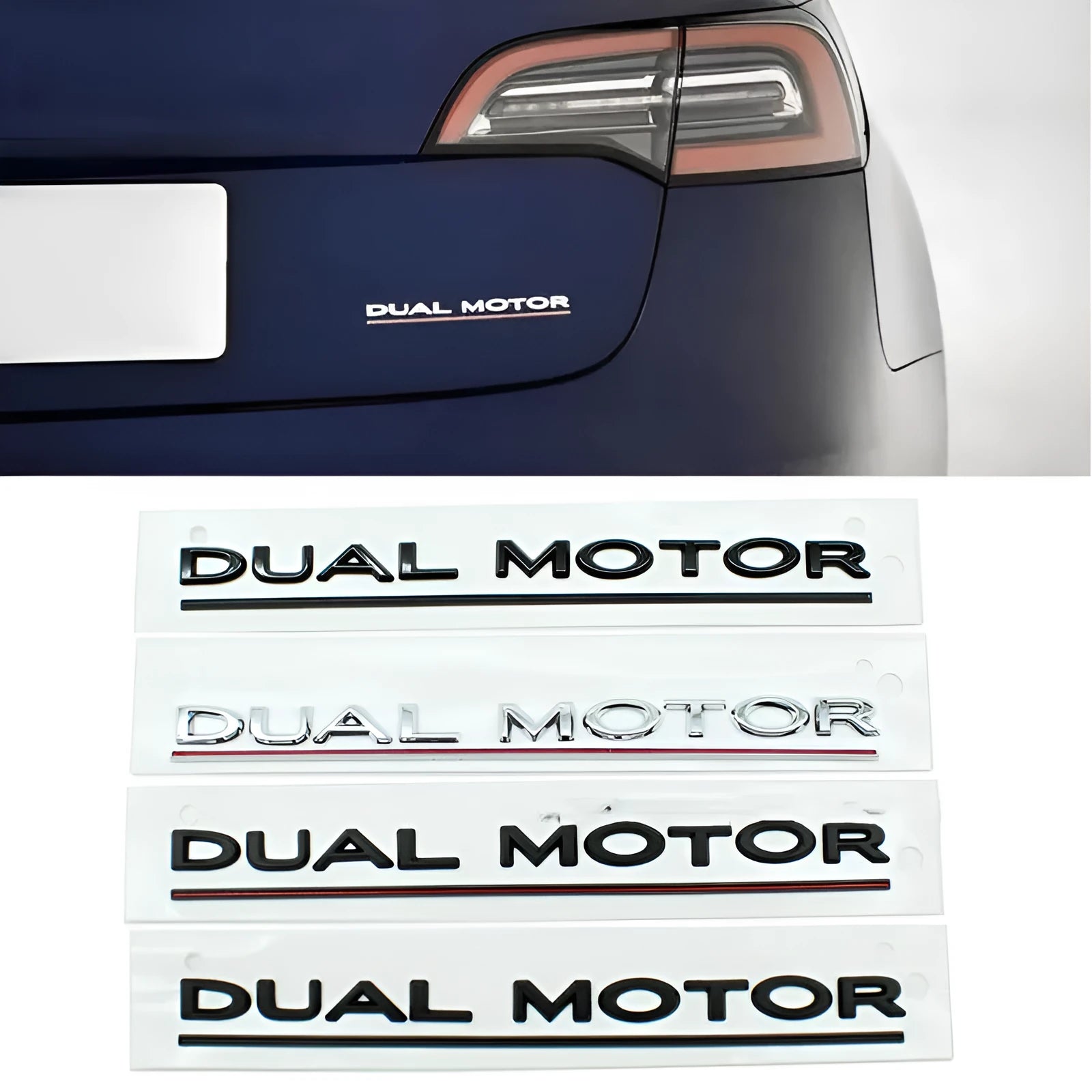 Tesla Model 3 black and red ABS plastic bumper sticker measuring 19x3cm with double motor text