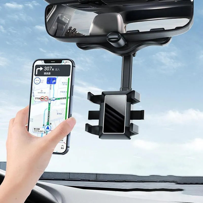 Black rearview mirror car phone holder with telescopic arm and four-claw phone grip in 360-degree rotation.
