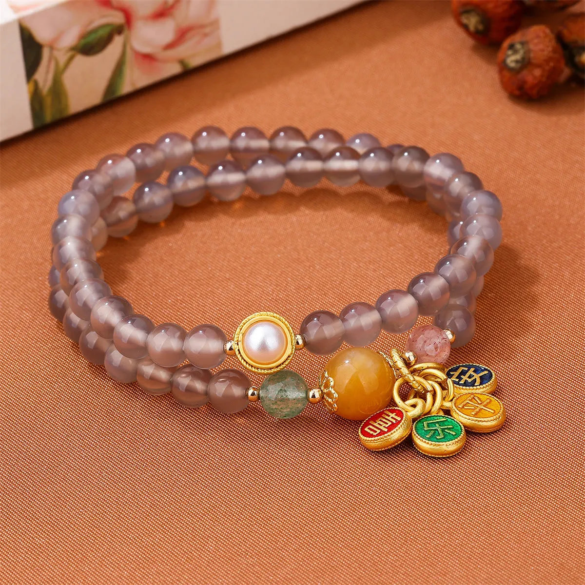 Women's two-circle bracelet made with natural gray agate beads in a retro style.