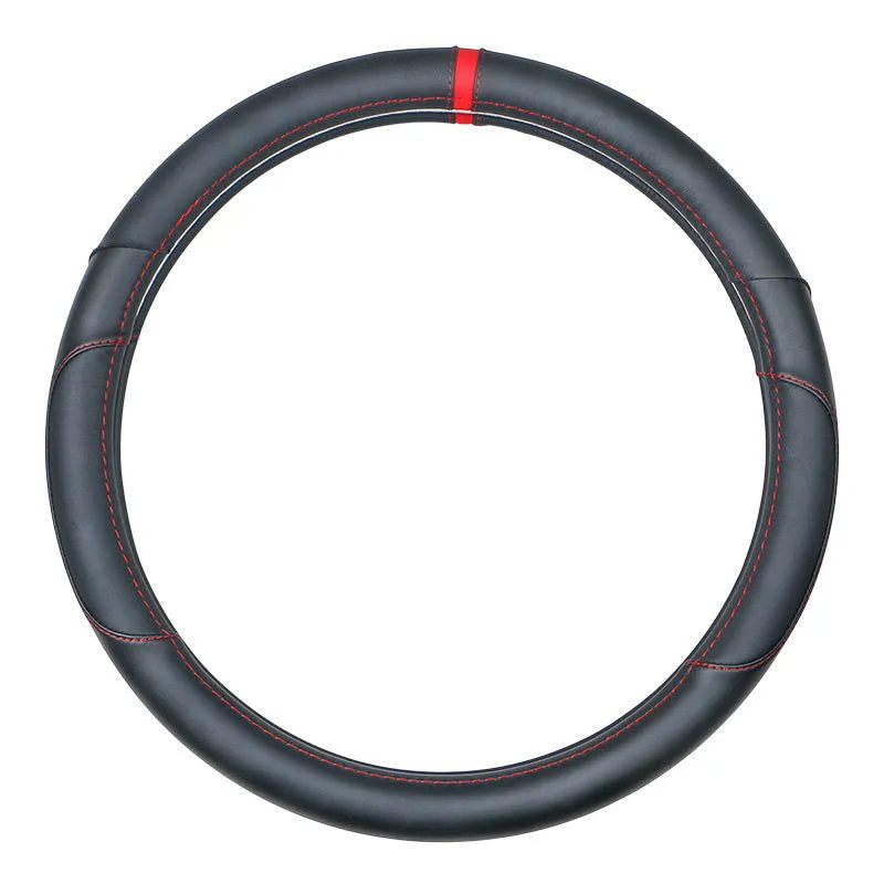 Universal leather steering wheel cover in D-type black design for 38cm steering wheels.