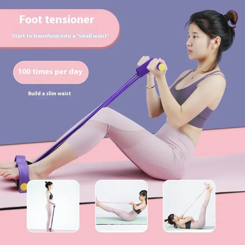Four piece yoga fitness set showing leg stretcher, yoga ring, pedal puller and figure eight tension rope