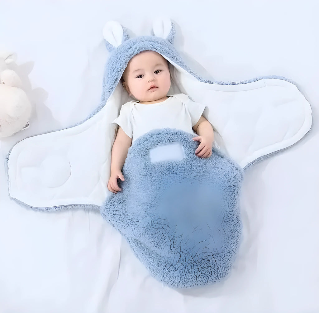 Adjustable baby swaddle sleep sack in soft cotton fabric with head protection