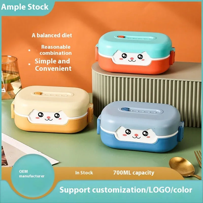 Square plastic divided lunch box in solid colour, shown open to display internal sections.