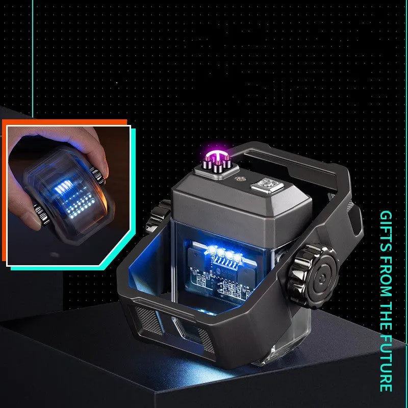 Blue windproof plasma electric lighter with a visible mechanical gyroscope and a folding design.