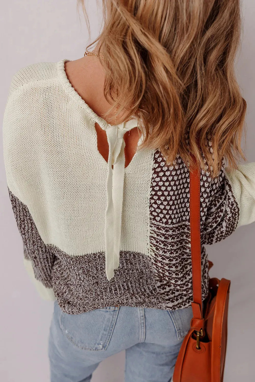 Dark khaki colour block loose sweater with long sleeves and a back tie fastening