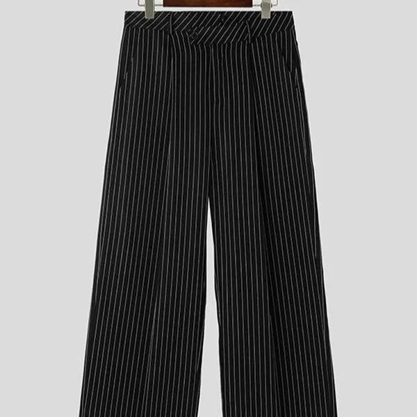 Men's black vertical striped pleated casual trousers showing front design and fabric texture