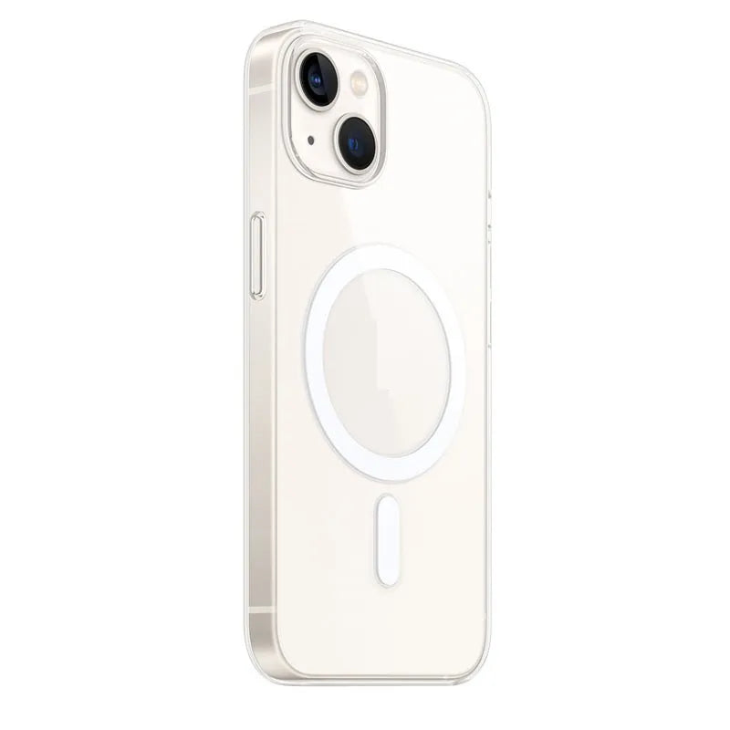 Transparent magnetic back cover case for iPhone showing MagSafe compatibility ring