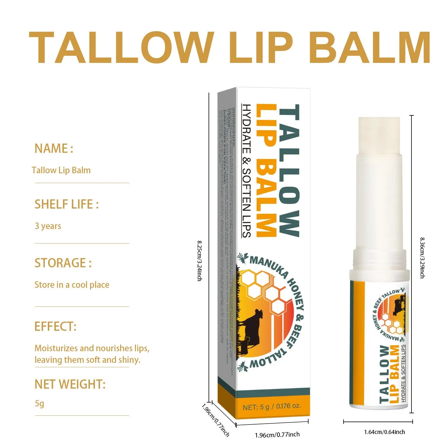 Beef tallow lip balm stick in a silver case, 83mm long, showing the twist-up mechanism.